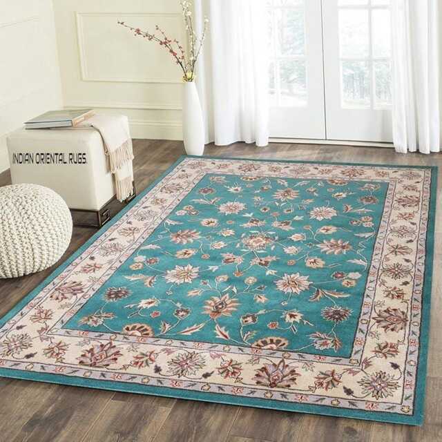 Hand Knotted Wool Oushak Rug, Sea Green Blue, Floral Turkish Rug - image 1