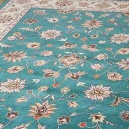 Hand Knotted Wool Oushak Rug, Sea Green Blue, Floral Turkish Rug - thumbnail 3
