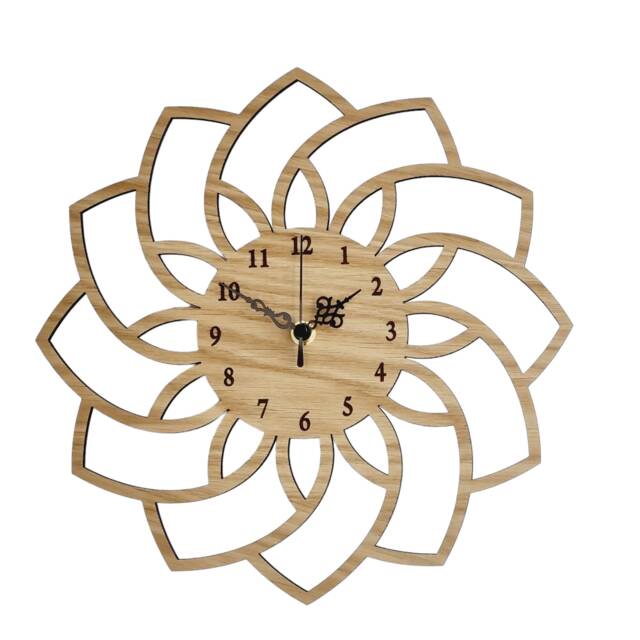 Wooden Clock Geometric Flower Ornamental Silent Decorative Oak Wall Art - image 1