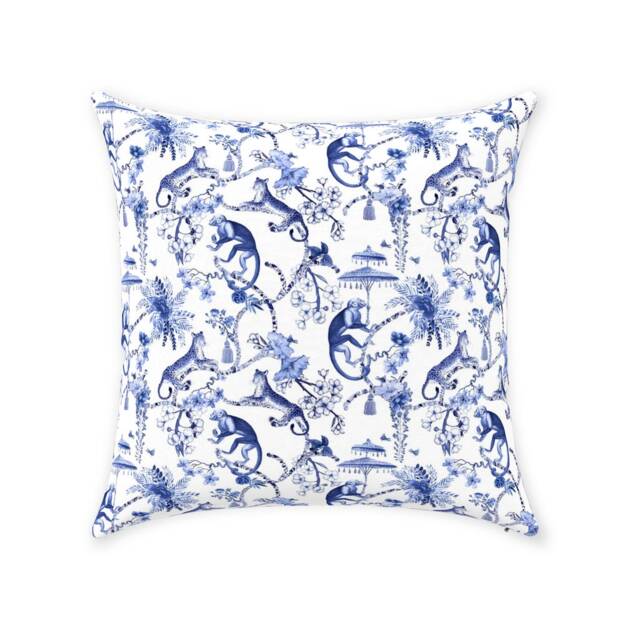 Chinoiserie Monkey Jungle Pillow Cover - Pure Cotton Twill Print Fabric Dark Blue & White Asian Toile De Jouy Design Decorative Cushion - image 1