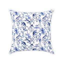 Chinoiserie Monkey Jungle Pillow Cover - Pure Cotton Twill Print Fabric Dark Blue & White Asian Toile De Jouy Design Decorative Cushion - thumbnail 1