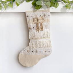 Boho Christmas Stocking - Bohemian Stocking, Holiday Stockings, Hippy Vintage, Neutral Creamy Linen Rustic - thumbnail 2