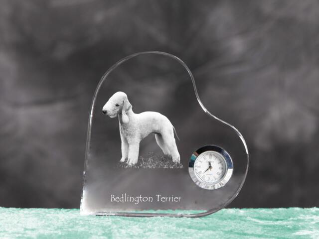 Bedlington Terrier - Crystal Clock in The Shape Of A Heart With Image Pure-Bred Dog - image 1