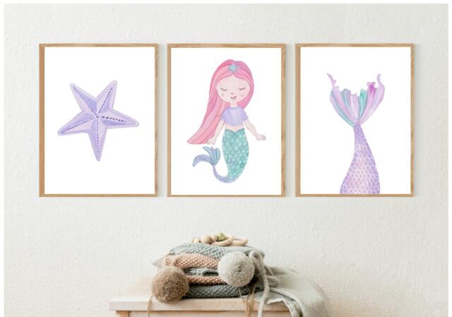 Baby, Girl Nursery & Bedroom Wall Art, Mermaid Print, Under The Sea, Starfish Set Of 3 Prints. Room Decor, Baby Art, 225