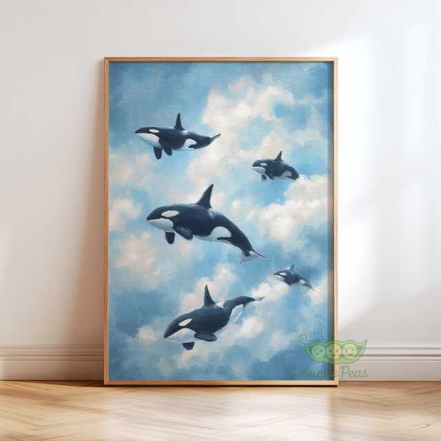Orca Whale Wall Art, Surreal Ocean Sky Poster, Dreamy Marine Animal Print, Blue Cloud Artwork, Whimsical Coastal Home Decor, Nautical Art - image 1