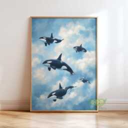 Orca Whale Wall Art, Surreal Ocean Sky Poster, Dreamy Marine Animal Print, Blue Cloud Artwork, Whimsical Coastal Home Decor, Nautical Art - thumbnail 1