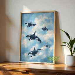 Orca Whale Wall Art, Surreal Ocean Sky Poster, Dreamy Marine Animal Print, Blue Cloud Artwork, Whimsical Coastal Home Decor, Nautical Art - thumbnail 3
