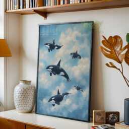 Orca Whale Wall Art, Surreal Ocean Sky Poster, Dreamy Marine Animal Print, Blue Cloud Artwork, Whimsical Coastal Home Decor, Nautical Art - thumbnail 2