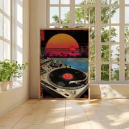 Retro Vinyl Poster, Synthwave Music Art Print, 80S Dj Turntable Wall Decor, Vaporwave Sunset Artwork, Neon Home Design - thumbnail 4