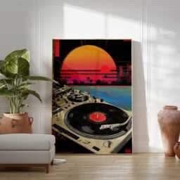 Retro Vinyl Poster, Synthwave Music Art Print, 80S Dj Turntable Wall Decor, Vaporwave Sunset Artwork, Neon Home Design - thumbnail 3