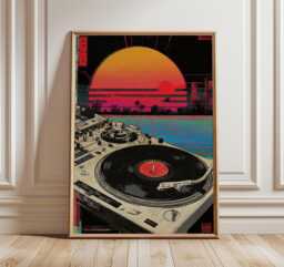 Retro Vinyl Poster, Synthwave Music Art Print, 80S Dj Turntable Wall Decor, Vaporwave Sunset Artwork, Neon Home Design