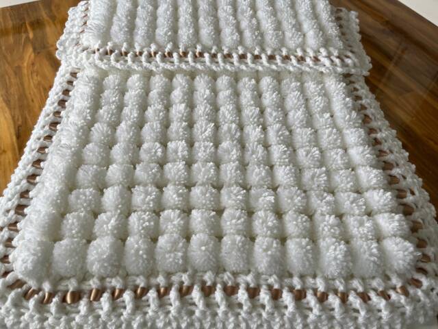 White Baby Pom Blanket Crocheted Edge, Beige Ribbon - image 1