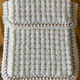White Baby Pom Blanket Crocheted Edge, Beige Ribbon - thumbnail 3