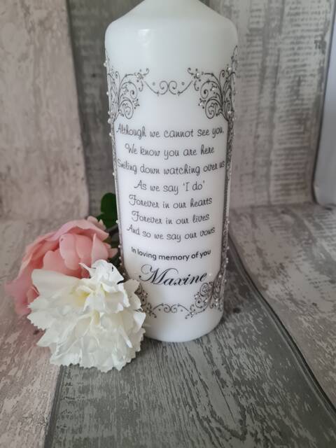 Personalised Memorial Candle For Wedding - in Loving Memory/Bereavement Tribute/ Keepsake Rustic Vintage Candle Pearls Fairy - image 1