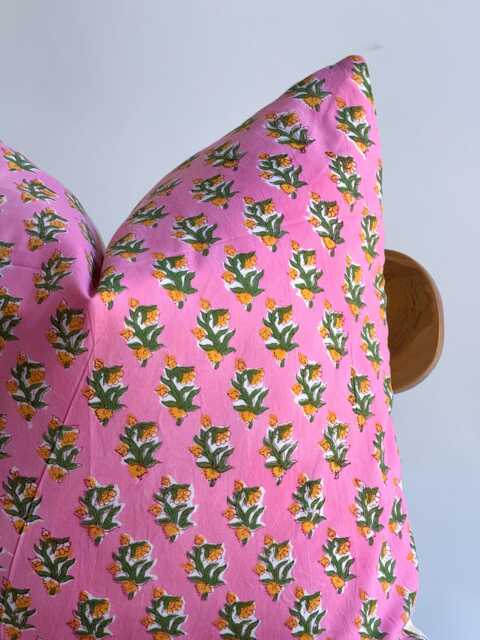 Block Print Pillow Cover Pink Floral Batik, 20x20 - image 1