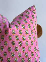 Block Print Pillow Cover Pink Floral Batik, 20x20 - thumbnail 1