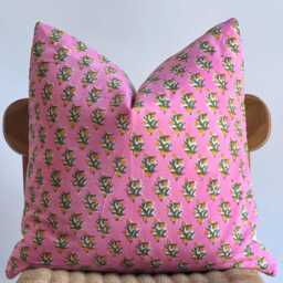 Block Print Pillow Cover Pink Floral Batik, 20x20 - thumbnail 2