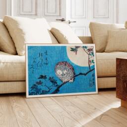Vintage Japanese Print, Owl On Maple Branch, Utagawa Hiroshige Poster, Woodblock Art, Art Animal Wall Blue Poem Poster - thumbnail 3
