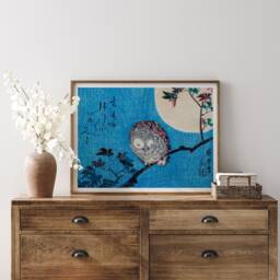 Vintage Japanese Print, Owl On Maple Branch, Utagawa Hiroshige Poster, Woodblock Art, Art Animal Wall Blue Poem Poster - thumbnail 2