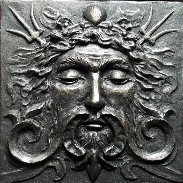 Sea God Tile, Blackened Iron Finish, Architectural Element, Handmade Art Man's Face With Swirls & Trident, By R. Chalifour - image 1