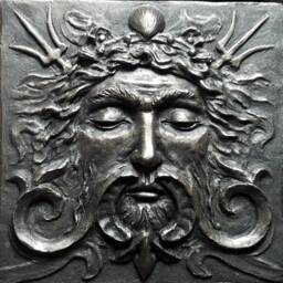 Sea God Tile, Blackened Iron Finish, Architectural Element, Handmade Art Man's Face With Swirls & Trident, By R. Chalifour - thumbnail 1