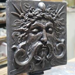 Sea God Tile, Blackened Iron Finish, Architectural Element, Handmade Art Man's Face With Swirls & Trident, By R. Chalifour - thumbnail 2