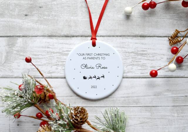 Personalised Parents First Christmas To Baby Ceramic Circle Decoration Ornament - image 1