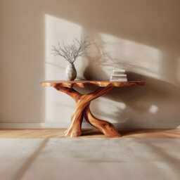 Rustic Solid Wood Console Table, Handmade Sculptural Entryway Mid Century Modern Wooden Handcrafted - thumbnail 2