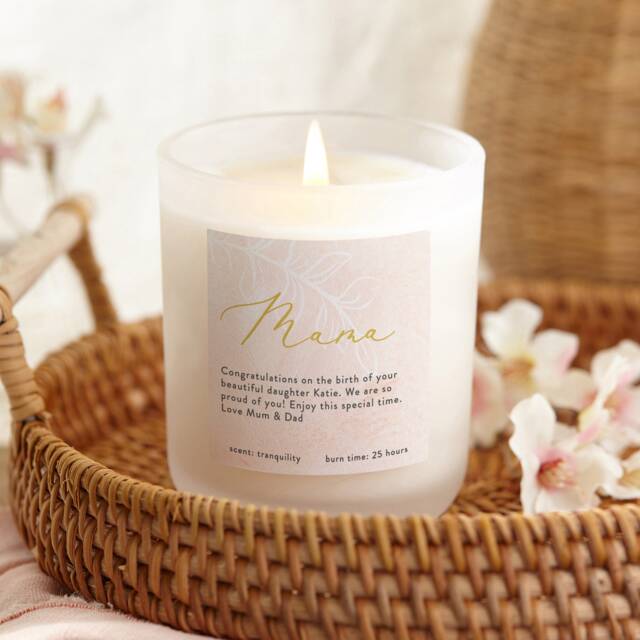 Personalised New Mum Candle Frosted Glass, Soy Wax, Botanical Design - image 1