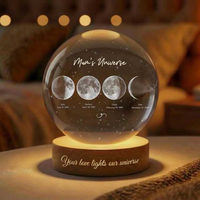 Family Moon Phase Crystal Night Light, Personalized Mom Universe Gift, Custom Engraved Keepsake Lamp - image 1