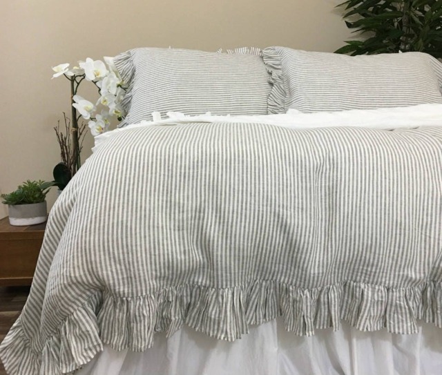 Ruffled Pinstripe Duvet Cover in Grey & White, Natural Linen Ruffle Bedding, Weaved Stripes On Both Sides, Elegant Classic - image 1