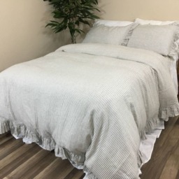 Ruffled Pinstripe Duvet Cover in Grey & White, Natural Linen Ruffle Bedding, Weaved Stripes On Both Sides, Elegant Classic - thumbnail 2
