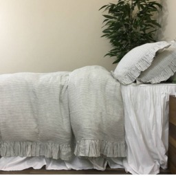 Ruffled Pinstripe Duvet Cover in Grey & White, Natural Linen Ruffle Bedding, Weaved Stripes On Both Sides, Elegant Classic - thumbnail 3