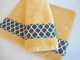 Yellow Bath Towel Gray Lattice Quatrefoil Trim, 100% Cotton