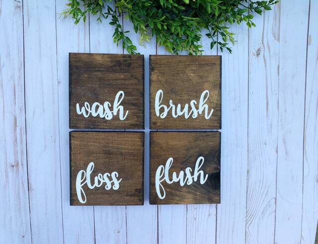 Wash Brush Floss Flush Bathroom Wooden Wall Decor, Wood Rustic Home Farmhouse Style, Fixer Upper Humor - image 1