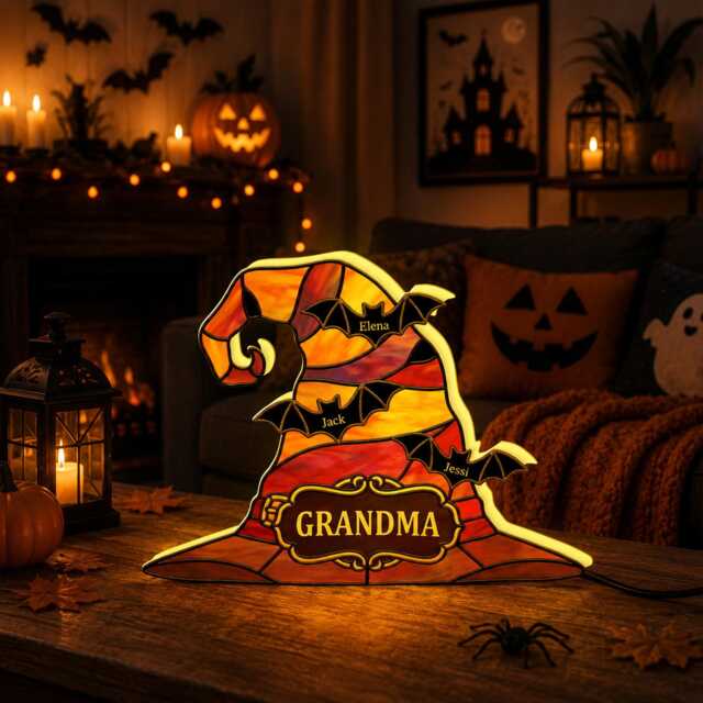 Custom Shape Photo Night Light Box, Personalized Witch Hat Grandma Family Names Halloween Decor - image 1