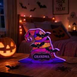 Custom Shape Photo Night Light Box, Personalized Witch Hat Grandma Family Names Halloween Decor - thumbnail 3