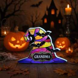Custom Shape Photo Night Light Box, Personalized Witch Hat Grandma Family Names Halloween Decor - thumbnail 2