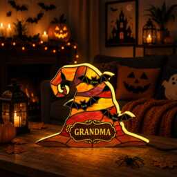 Custom Shape Photo Night Light Box, Personalized Witch Hat Grandma Family Names Halloween Decor - thumbnail 1