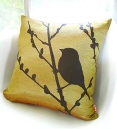 Olive Green Bird Pillow Cherry Blossom Print, 16 Inch Square