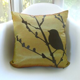 Olive Green Bird Pillow Cherry Blossom Print, 16 Inch Square - thumbnail 2