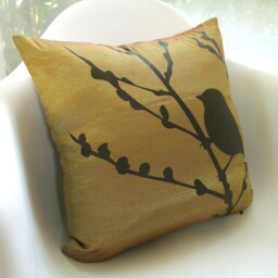 Olive Green Bird Pillow Cherry Blossom Print, 16 Inch Square - thumbnail 3