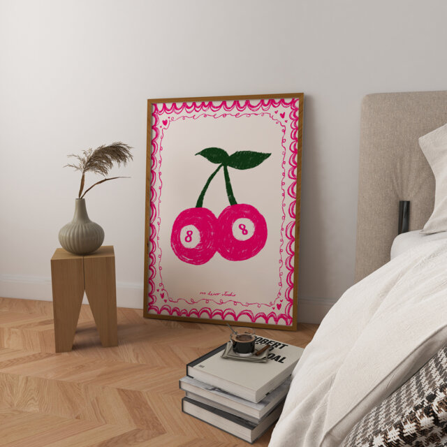 Pink Cherries Lucky 8 Art Print Poster, Heart Valentine Trendy Retro Print, Love Illustration, Mid Century Modern Kitchen - image 1