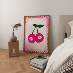 Pink Cherries Lucky 8 Art Print Poster, Heart Valentine Trendy Retro Print, Love Illustration, Mid Century Modern Kitchen - thumbnail 1