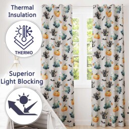 Cute Halloween Ghost Pumpkin Bat Cat Seamless Pattern Grey Background Readymade Eyelet Ring Top Thermal 100% Blackout Curtains - thumbnail 3
