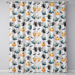 Cute Halloween Ghost Pumpkin Bat Cat Seamless Pattern Grey Background Readymade Eyelet Ring Top Thermal 100% Blackout Curtains - thumbnail 2