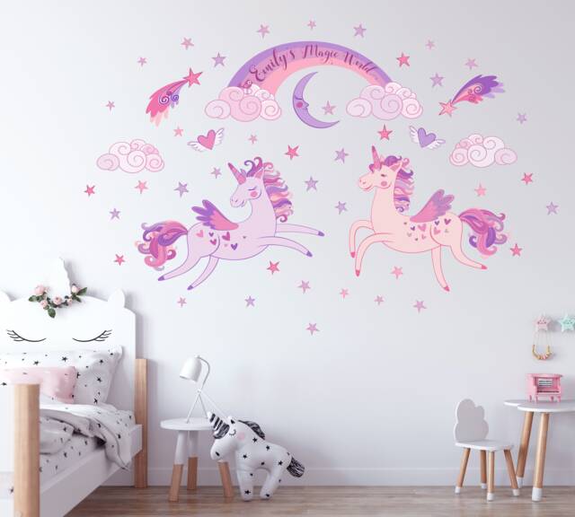 Unicorns, Rainbow, Clouds & Stars Personalized Repositionable Fabric Wall Decal For Nursery Or Girl's Room, Eco Friendly Reusable Sticker - image 1