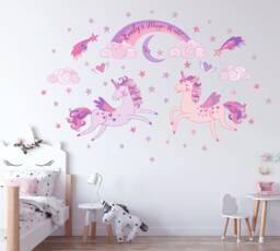 Unicorns, Rainbow, Clouds & Stars Personalized Repositionable Fabric Wall Decal For Nursery Or Girl's Room, Eco Friendly Reusable Sticker