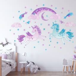 Unicorns, Rainbow, Clouds & Stars Personalized Repositionable Fabric Wall Decal For Nursery Or Girl's Room, Eco Friendly Reusable Sticker - thumbnail 3