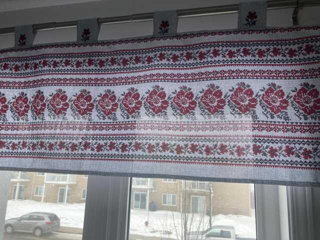 Valance Curtain Ukrainian Folk Ornamental Floral Cotton Grey Red Colours Farmhouse Rustic Decor Linens Christmas Gift - image 1
